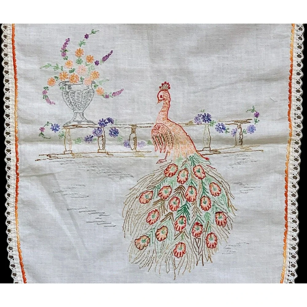 Vintage PEACOCK, Fence & Urn Table Runner Dresser Scarf 36